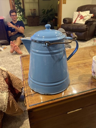 Extra Large Enamelware Antique Coffee Pot Wooden Handle Robin Egg Blue Lion Logo - Picture 3 of 11