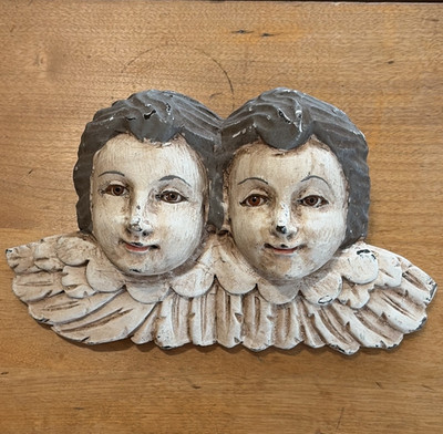 Antique Hand Carved Wood Double Cherub wall Plaque with Glass Eyes