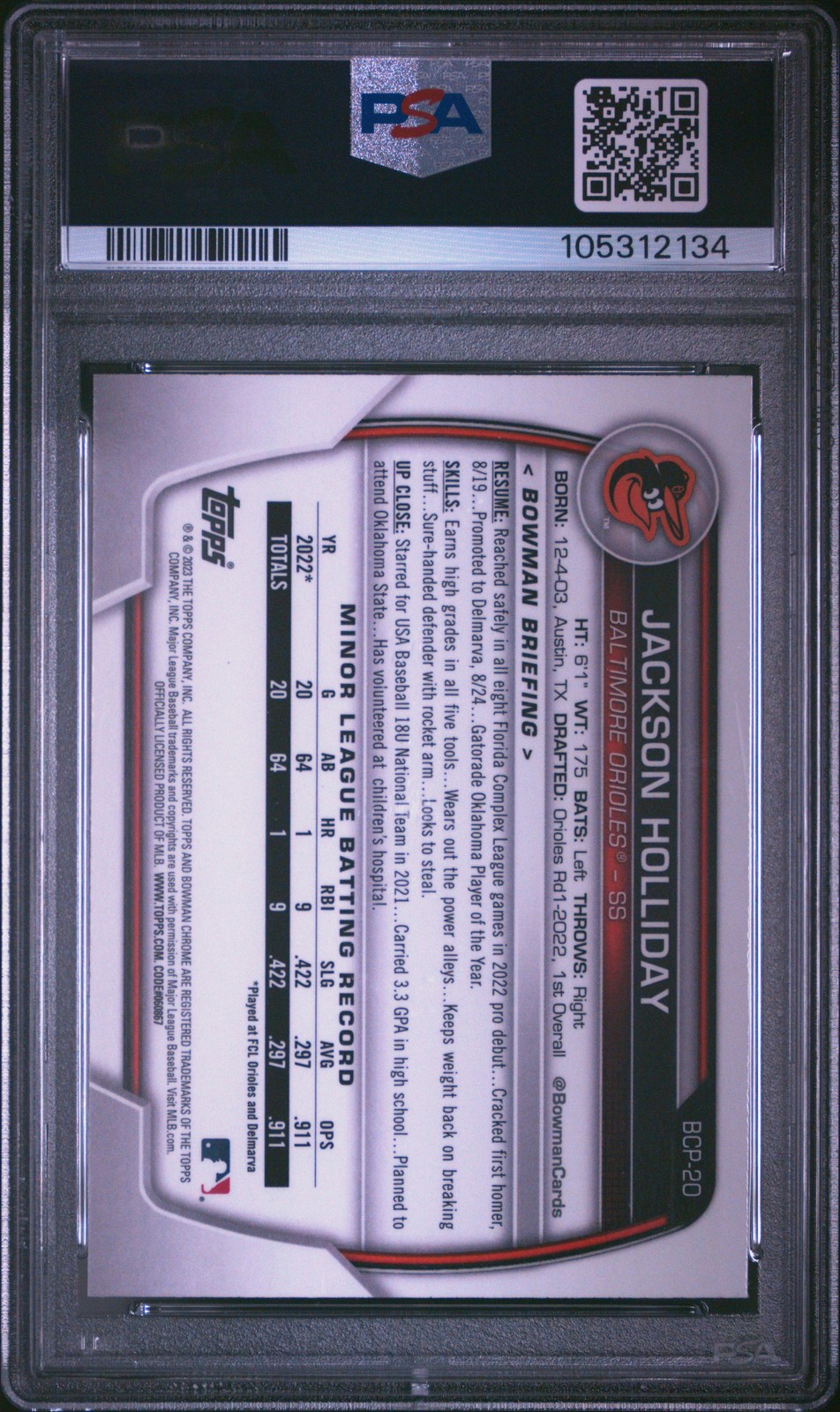 2023 BOWMAN MEGA BOX CHROME #20 JACKSON HOLLIDAY PSA 10 view 2