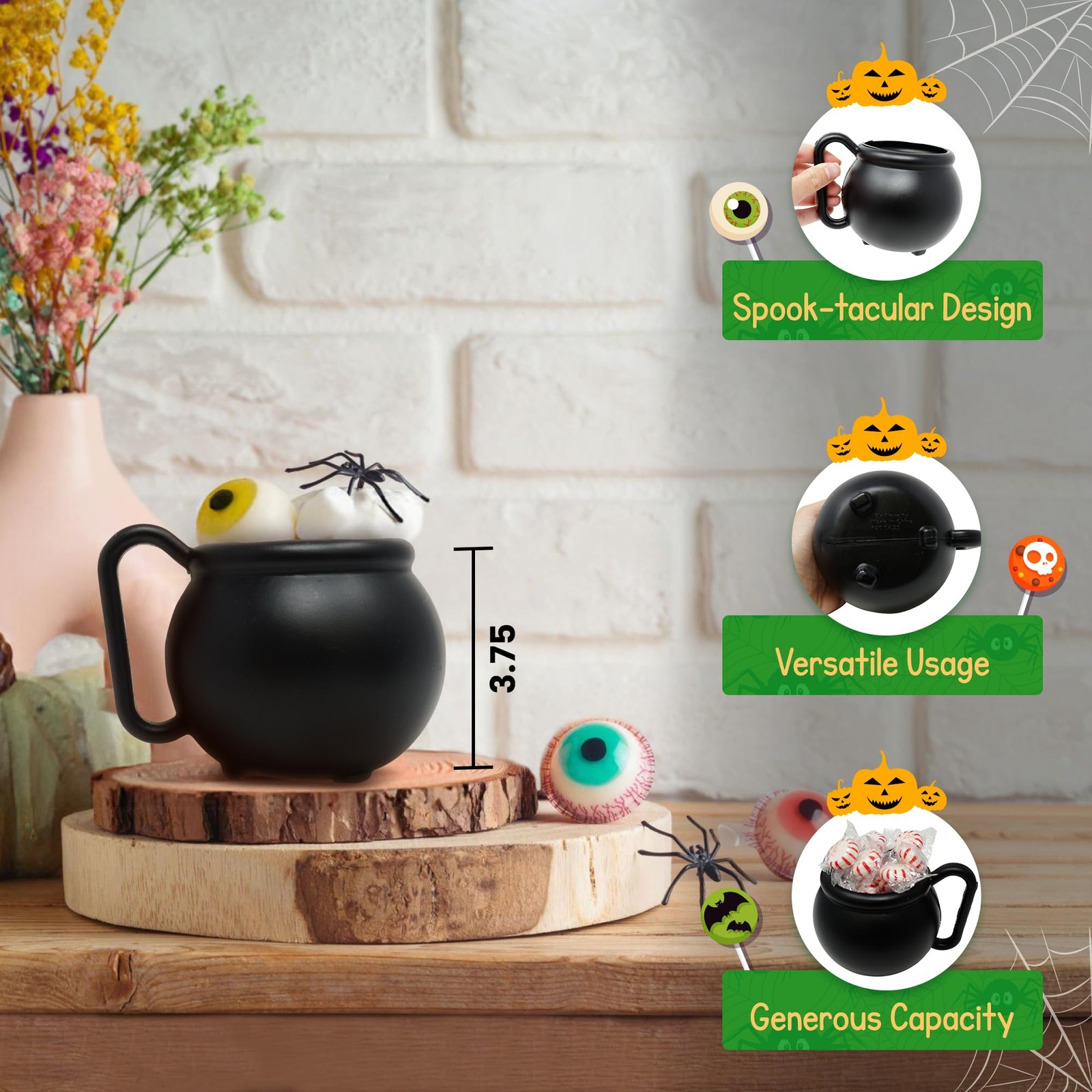 12 Black Cauldron Mugs Set Halloween Drinkware BPA-Free Plastic Witch Party F...
