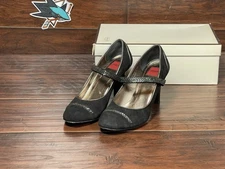 Coach Black Suede Mary Jane Style Heels Closed Toe Sequined Strap Women’s Size 6