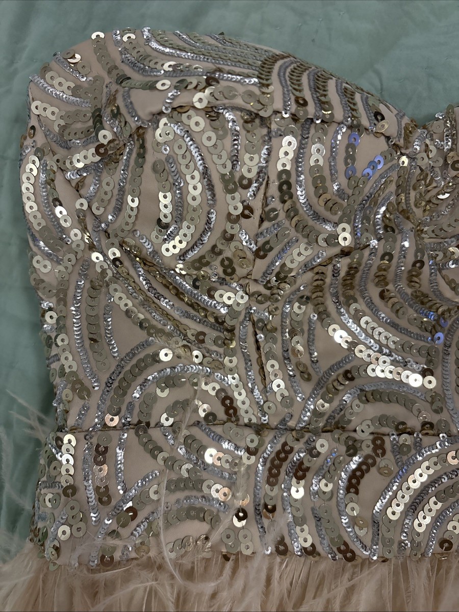 Bebe Sequins Feather Strapless Mini Dress Silver/Gold XS Prom Party  Cocktail View 3
