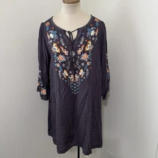 Umgee XL Slate Blue Embroidered 3/4 Sleeve Mini Shift Dress Boho Umgee+