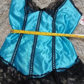 Vtg NOS 80s Symmetry Fashions Blue Satin Lace Lingerie Babydoll Camisole M