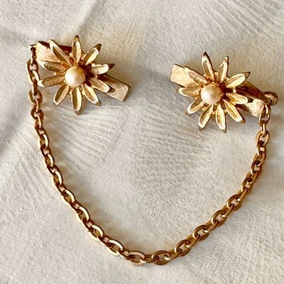 Vintage Sweater Guard Clip Gold Tone Flower Pearl Center Brushed