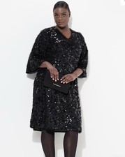 Ulla Popken Sequin Dress 1X Fringe V Neck Lined Plus Size LBD