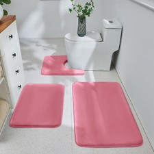 Pink 3 Piece Velvet Memory Foam Bath Mat Set Washable NonSlip Toilet Floor