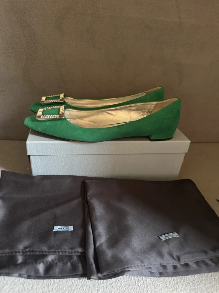 全新带盒普拉达翡翠绿色天鹅绒装饰芭蕾平底鞋 40.5 码 — 第 3/4 张图片
