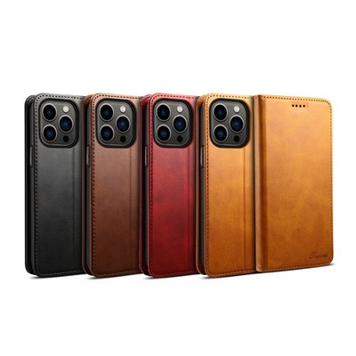 Retro Cowhide Flip Phone Case w/Card Pocket For Apple iPhone 15 14 Pro Max 13 12