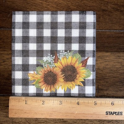 (2) Two Paper Napkins for Decoupage Black & White Buffalo Plaid Sunflower Fall