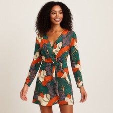 Boohoo Mini Dress Equestrian Leopard Print Twist Front Wrap Women 6 Green Orange