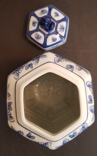 Large Blue & White Ceramic Ginger Jar Hexagon Canister with Lid 13" Butterflies - Picture 9 of 17