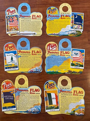 Vintage Hires Root Beer Set of 6 Famous Flag Promo Bottle Toppers - Unused