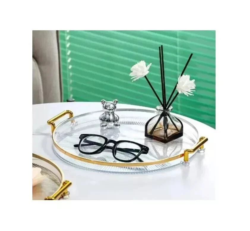 3pcs Acrylic Round Serving Tray With Handles Kitchen Fruit & Snack Serving Gold - Image 3 of 4