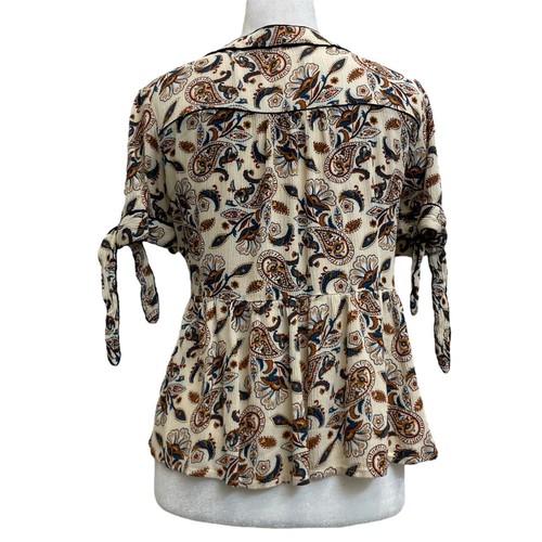 Blusa Anthropologie Isla Maude Crema Boho Estampado Cachemira Peplum Manga Corbata Talla S - Imagen 3 de 10