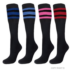 4 PK TUBE SOCKS COTTON 22 INCHES OLD SCHOOL SOCKS BLACK ASSORTED STRIPED COLORS