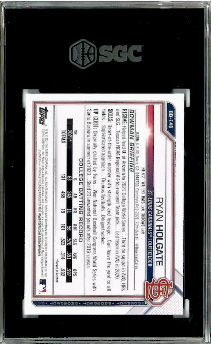 2021 Bowman Draft Sky Blue /499 Ryan Holgate #BD-148 Cardinals SGC