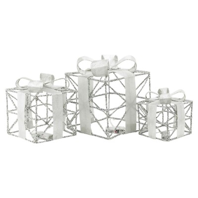 3er Set LED Leucht Weihnachten Geschenkpaket Weihnachtsgeschenkboxen Innen Silber
