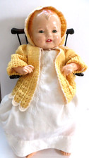 Antique Bisque Head Cloth Doll shows Teeth 22 Inch tall & Wooden Windsor chair