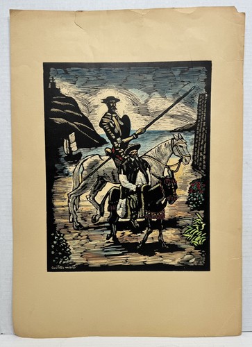 Vintage Juan Castells Marti Wood Cut Woodblock Print Don Quixote en Barcelona