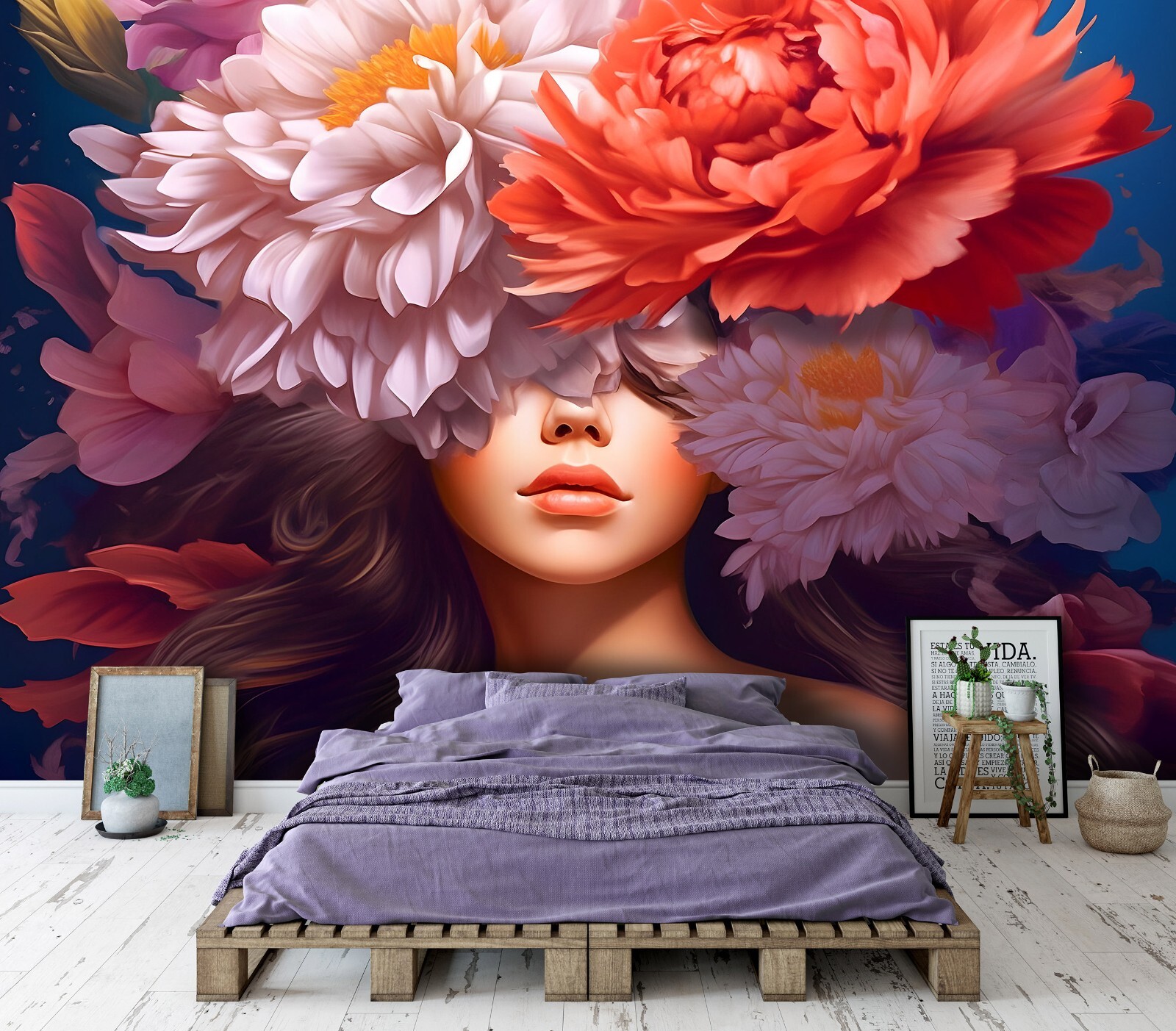 Fototapete Frau Blumen 3D EFFEKT Rosen Pfingstrosen VLIES TAPETE XXL