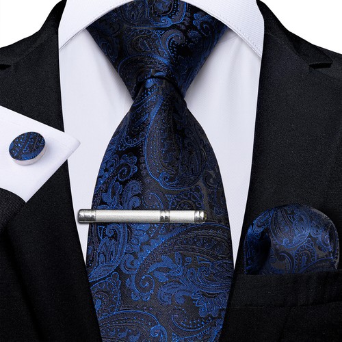 Mens Slik Tie Clip Set Necktie Blue Floral Pocket Square Cufflink Wedding 4PCS