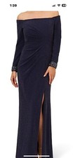 Adrianna Papell Stretch Metallic Off-the-Shoulder Long Sleeve Beaded Cuff Gown