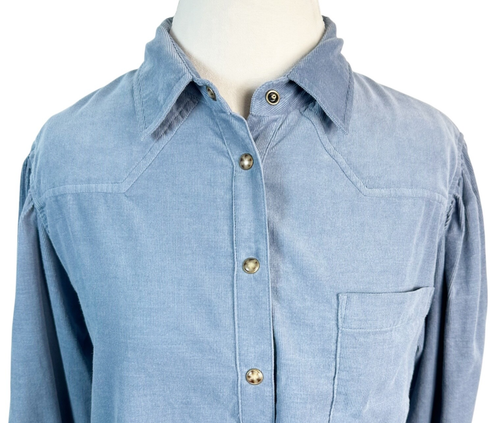 XIRENA Top Size M Corduroy Blue Floral Snap Button Puff Sleeve Western Boho