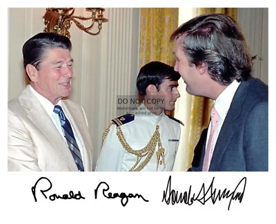 PRESIDENT DONALD TRUMP & RONALD REAGAN SHAKING HANDS AUTOGRAPHED 8X10 PHOTO