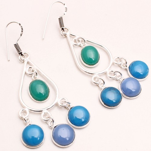 Chalcedony Gemstone Designer Handmade Jewelry Drop Dangle Earring 2.76" EE-013