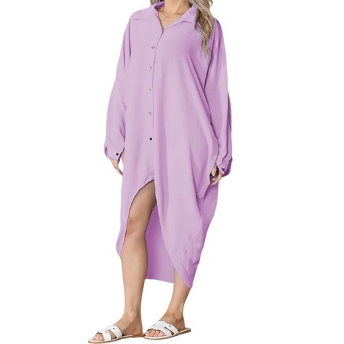 Damen Hi Low Knopfleiste Long Shirt Oberteil Langarm Oversize Tauchsaum Kurzes Kleid - Bild 12 von 32