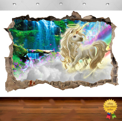 Einhorn Regenbogen Fantasie Pferd 3D zertrümmerte Wandansicht Aufkleber Poster Kunst 696