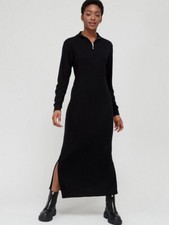 V By Very Zip Neck Ribbed Collared Split Hem Midaxi Dress - Black UK Size 10
