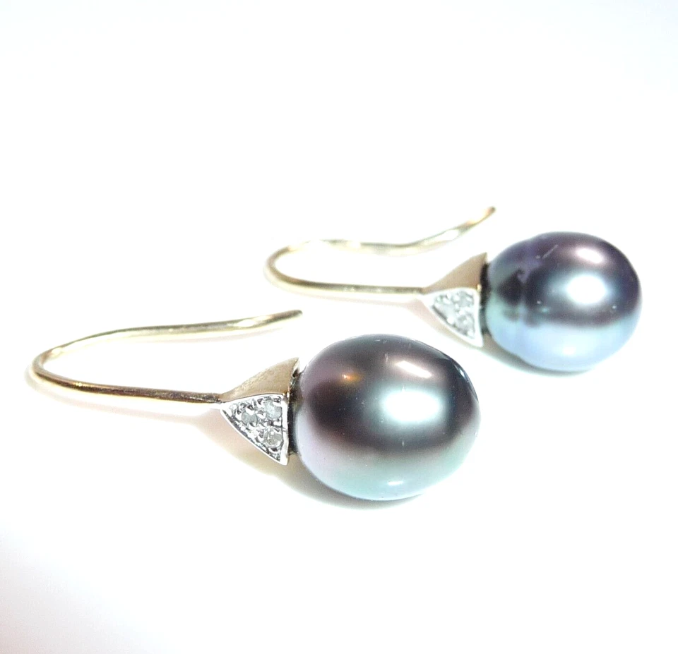 Ohrringe 585 Gold  0.06ct. Diamanten Tahiti-Perle Länge 24 mm 3,0 g Ohrhaken - Bild 4 von 4