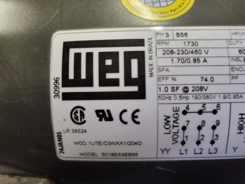 Weg 1/2 HP 3 Ph B56 Fr 60 HZ 1730 RPM Inverter Duty Motor Nema MG1 part 30 & 31 - Picture 4 of 12