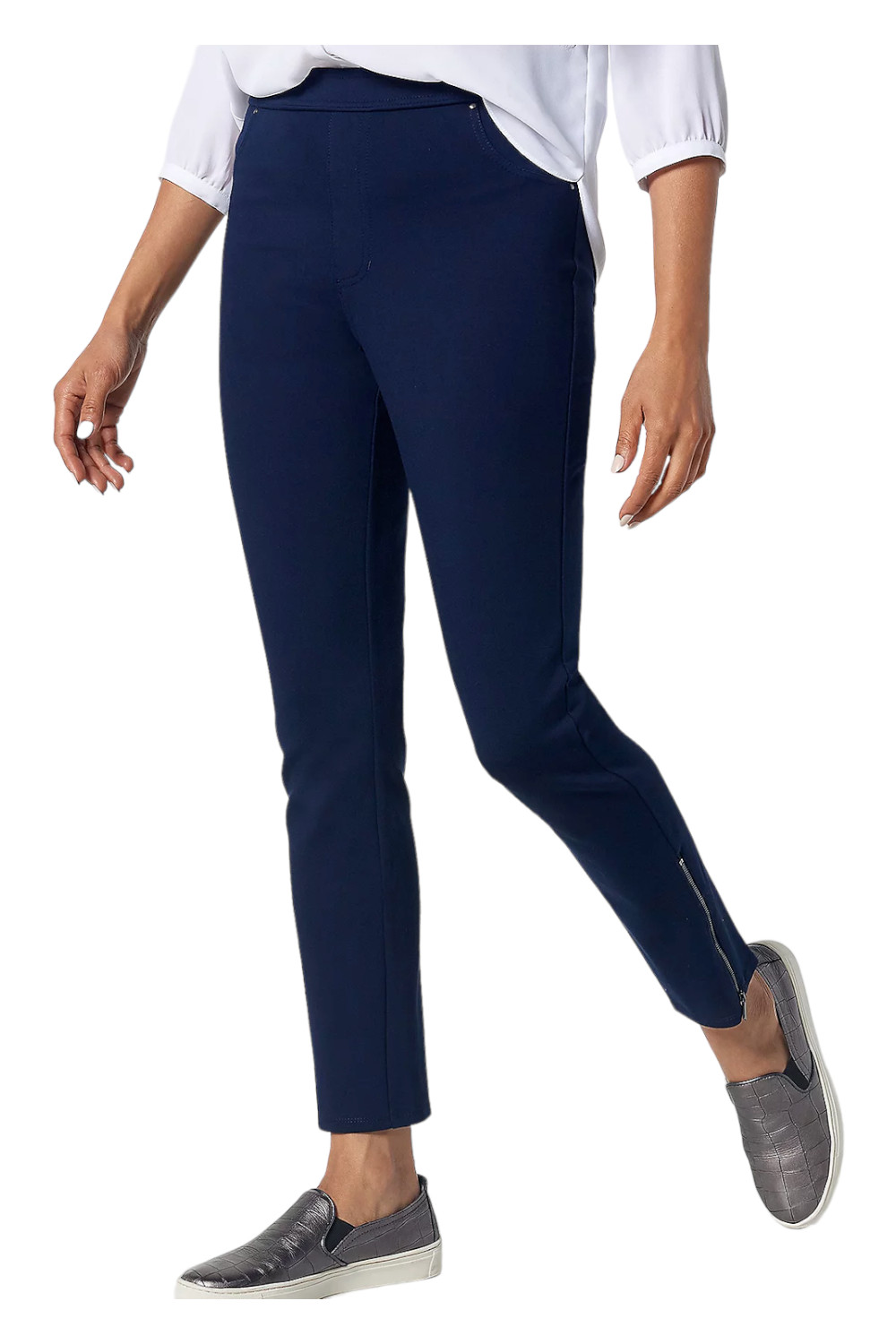 Трикотажные брюки до щиколоток Susan Graver Ponte с застежкой-молнией темно-синего цвета