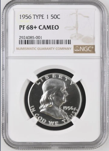 1956 Type 1 Franklin Half Dollar Proof Silver 50c, NGC, PF 68+ Cameo, PR68+CAM
