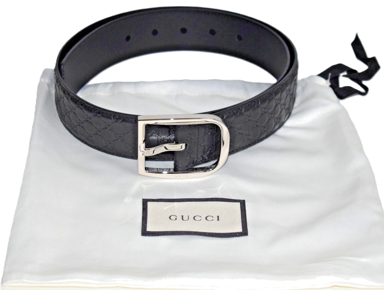 GUCCI Ceinture Homme Femme Ceinture Guccissima Cuir Noir   Argent Taille 90 