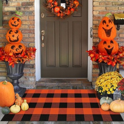 Fall Outdoor Rug Checkered Rug 2 x 4.3 Ft Orange and Black Front Door Rug Chr...