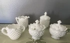 Lot Of 5 Vintage Fenton Hobnail Milk Glass Creamer, Sugar Bowl / Jam Jar