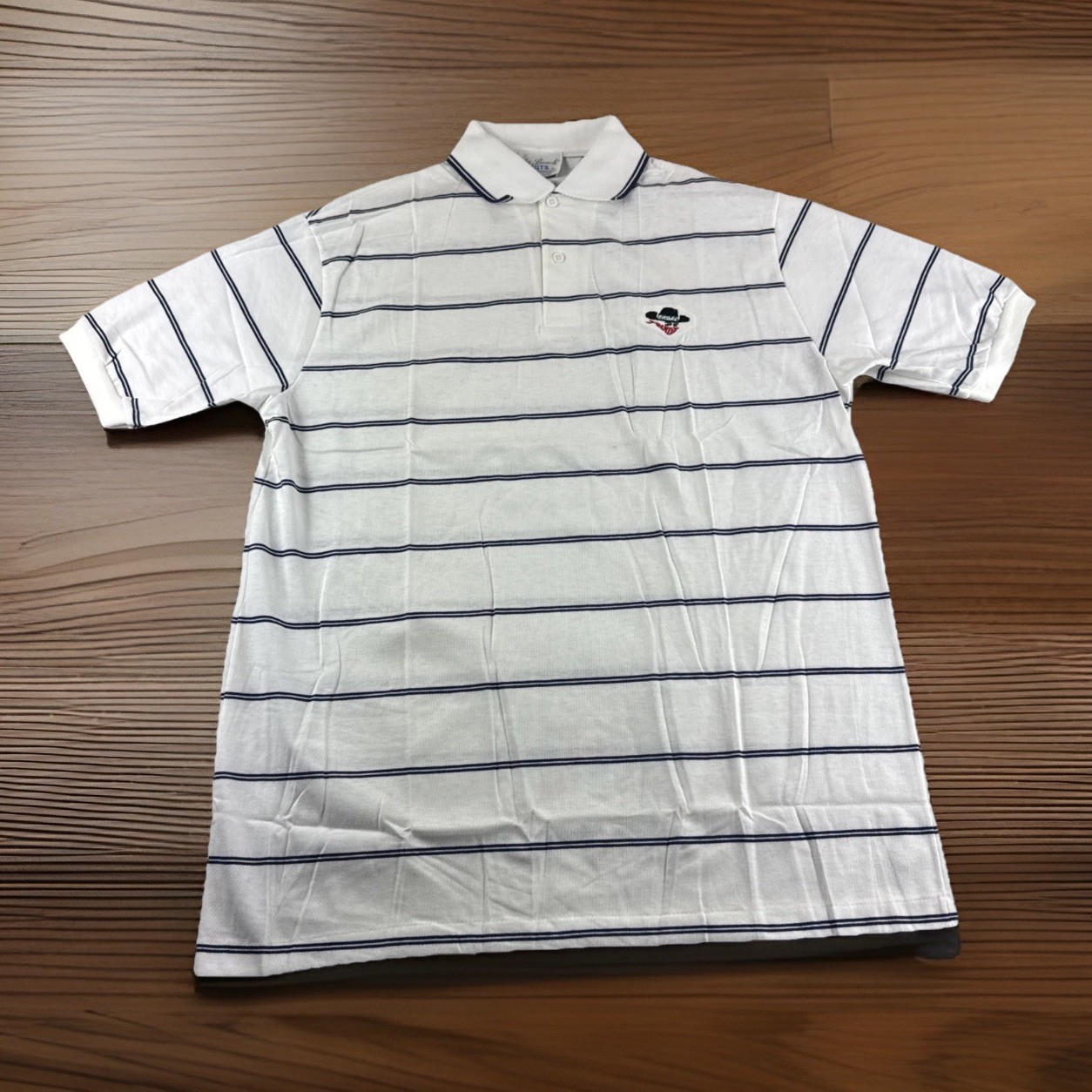 Vintage Skoal Bandit Palm Beach Sport Polo Mens L White Blue Striped Made in USA