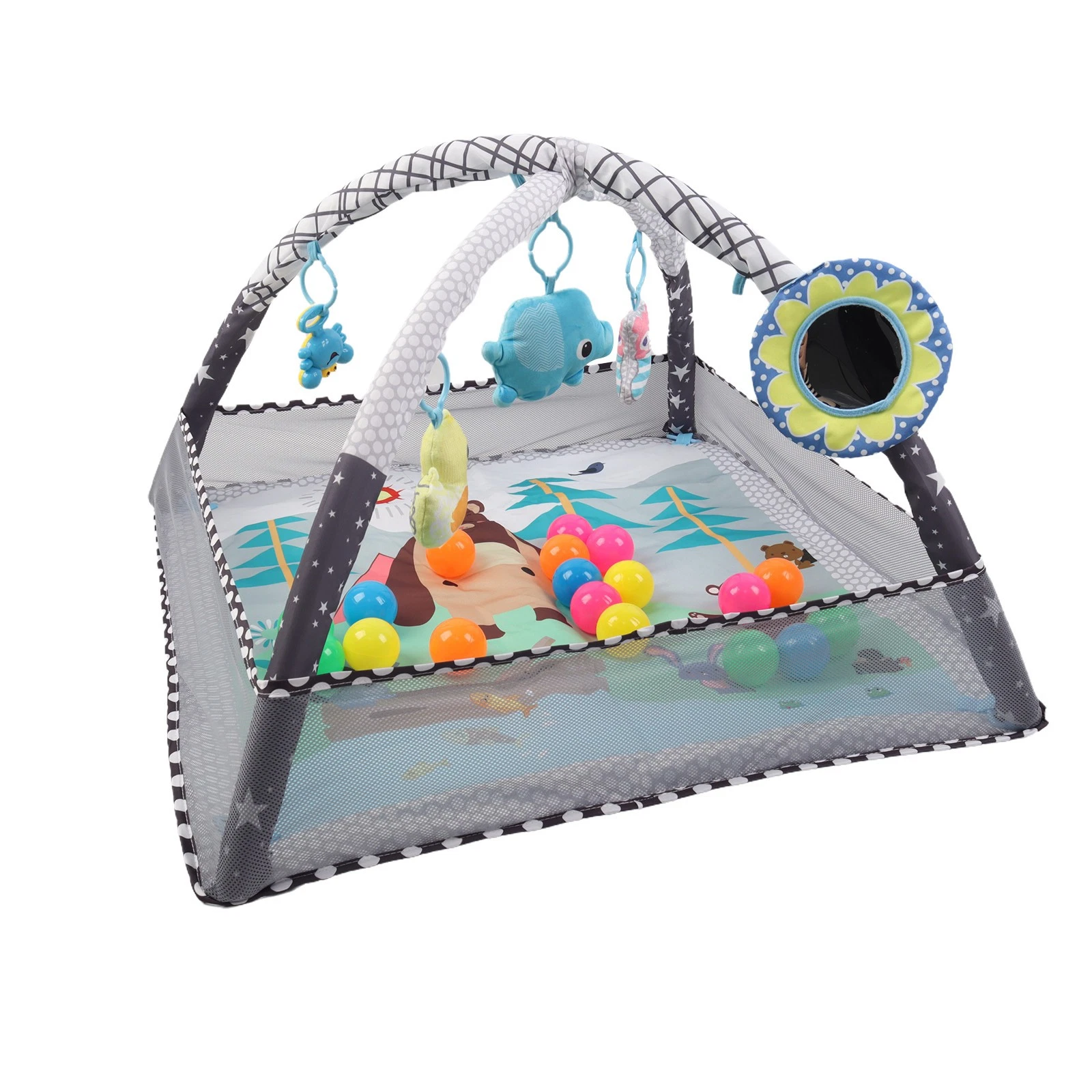 Kids 2-in-1 Foldable Baby Play Mat Soft Floor Gym, Ball Pit & Activity Fun Grey