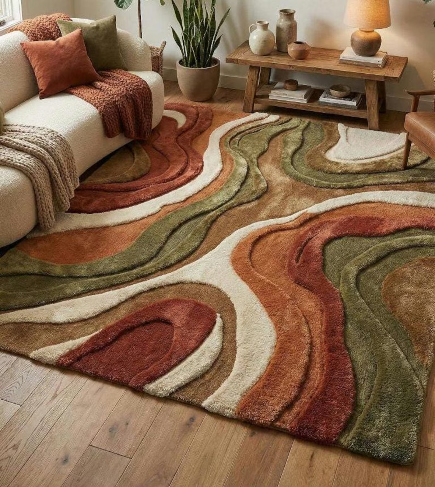 Luxury Moss Green Hand Tufted Wool Rug – High Low Cut Pile Organic Rug & Carpet
