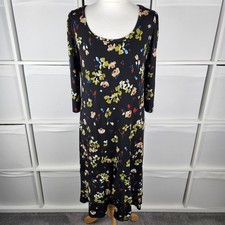 Kim & Co Black Floral Dress Size M 12 14 Stretchy A-line 3/4 Sleeve VGC