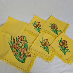 Vintage Yellow Linen Tablecloth Set Iris Floral Fringe 34x34