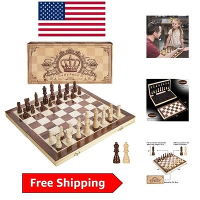 Handmade 15 Inch Magnetic Chess Set - Folding Board with Extra Queens Included