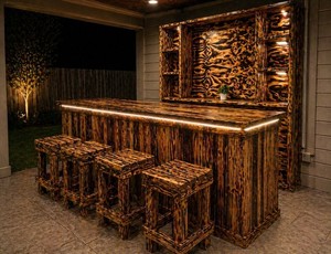 Rustic Burnt Wood Outdoor Bar Set w/ Back Bar & Stools – Handmade Shou Sugi Ban