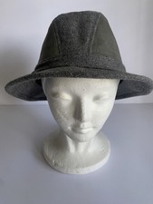 Vintage Wool Tweed Suede Safari Fedora Hat Gray Olive Made USA Medium 7-7 1/8
