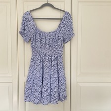 Hollister Blue White floral puff sleeve tiered shirred mini dress Size M Uk10