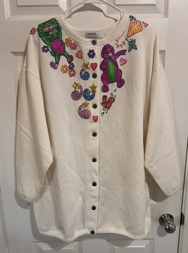 BARNEY THE DINOSAUR VINTAGE HAND PAINTED CARDIGAN WOMENS SIZE MEDIUM VERY RARE! - Picture 1 of 14